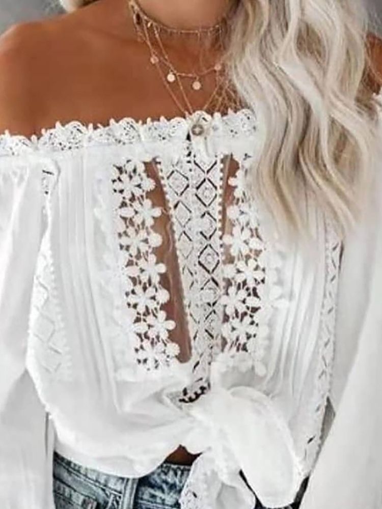 Blomstertrykk Off Shoulder Langermet Standard Damebluse