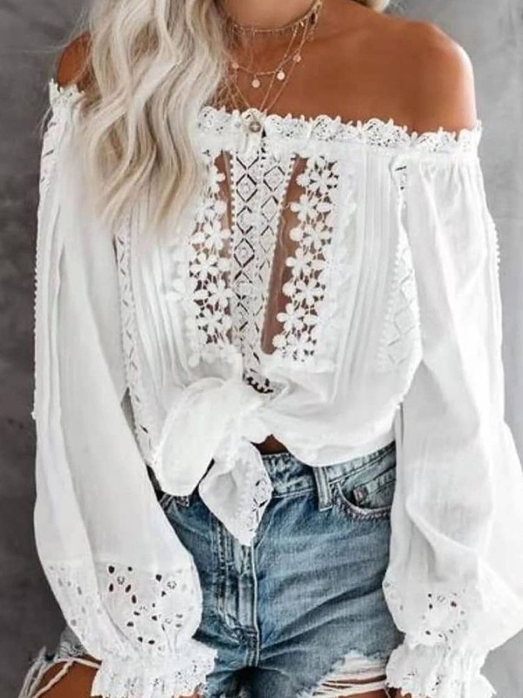 Blomstertrykk Off Shoulder Langermet Standard Damebluse