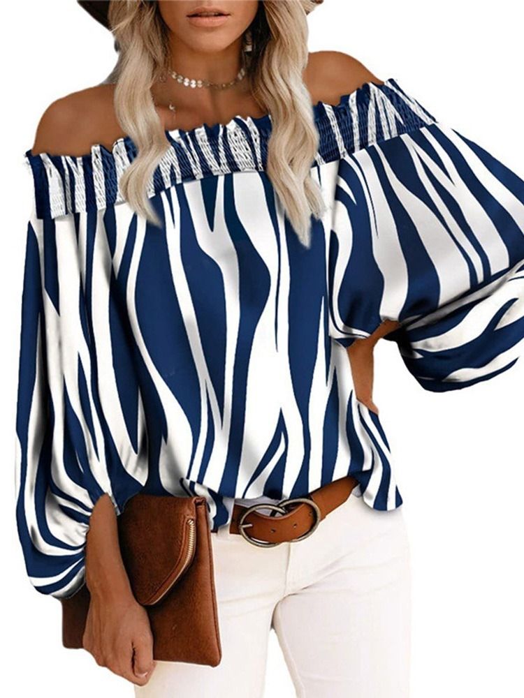 Color Block Print Off Shoulder Nine Points Sleeve Standard Bluse