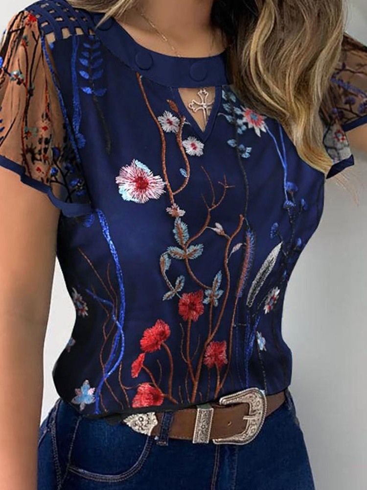 Floral Patchwork Vanlig Standard Kortermet Damebluse