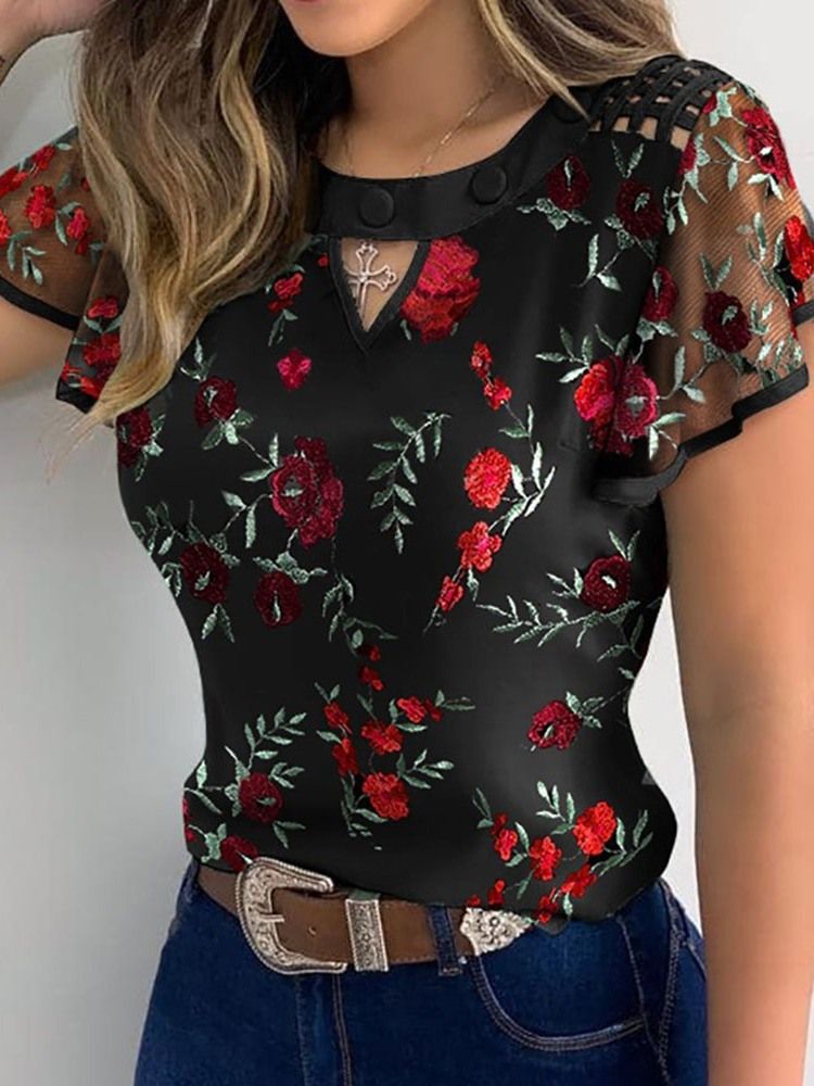 Floral Patchwork Vanlig Standard Kortermet Damebluse