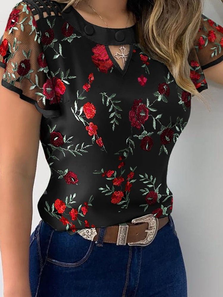 Floral Patchwork Vanlig Standard Kortermet Damebluse