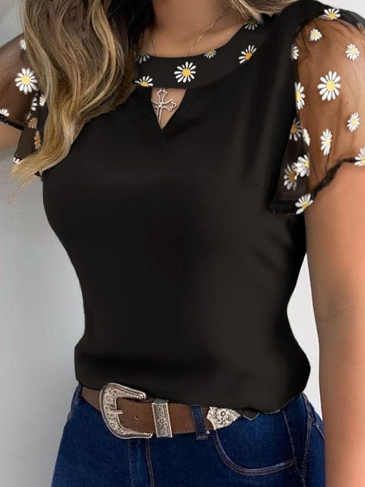 Floral Patchwork Vanlig Standard Kortermet Damebluse