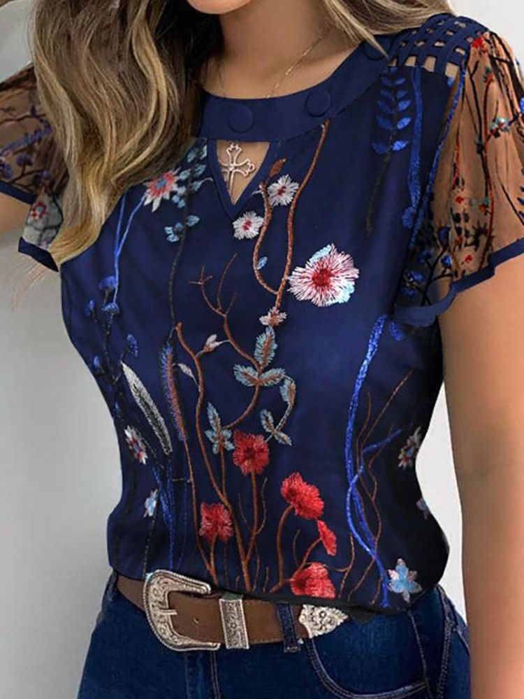 Floral Patchwork Vanlig Standard Kortermet Damebluse