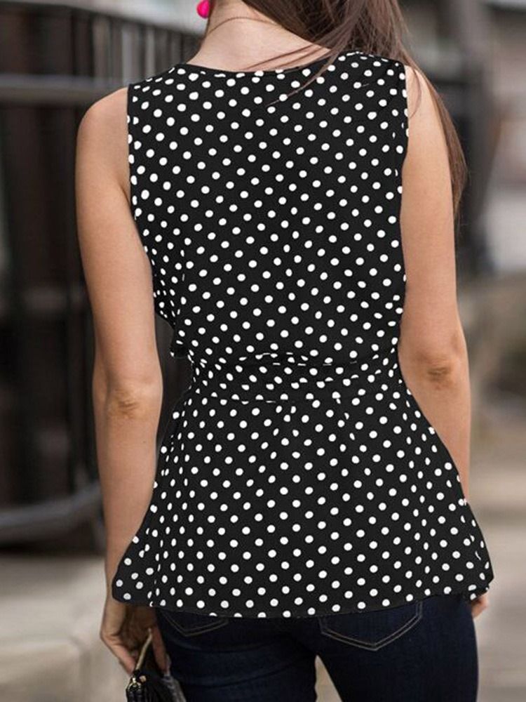 Lace-Up Polka Dots Rund Hals Ermeløs Mellomlang Damebluse