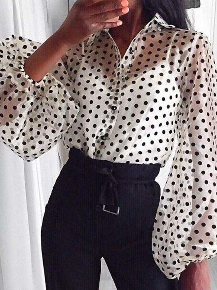 Lantern Sleeve Lapel Polka Dots Langermet Standard Bluse For Kvinner