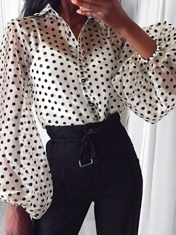 Lantern Sleeve Lapel Polka Dots Langermet Standard Bluse For Kvinner