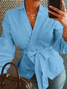 Lantern Sleeve Lapel Vanlig Langermet Standard Bluse