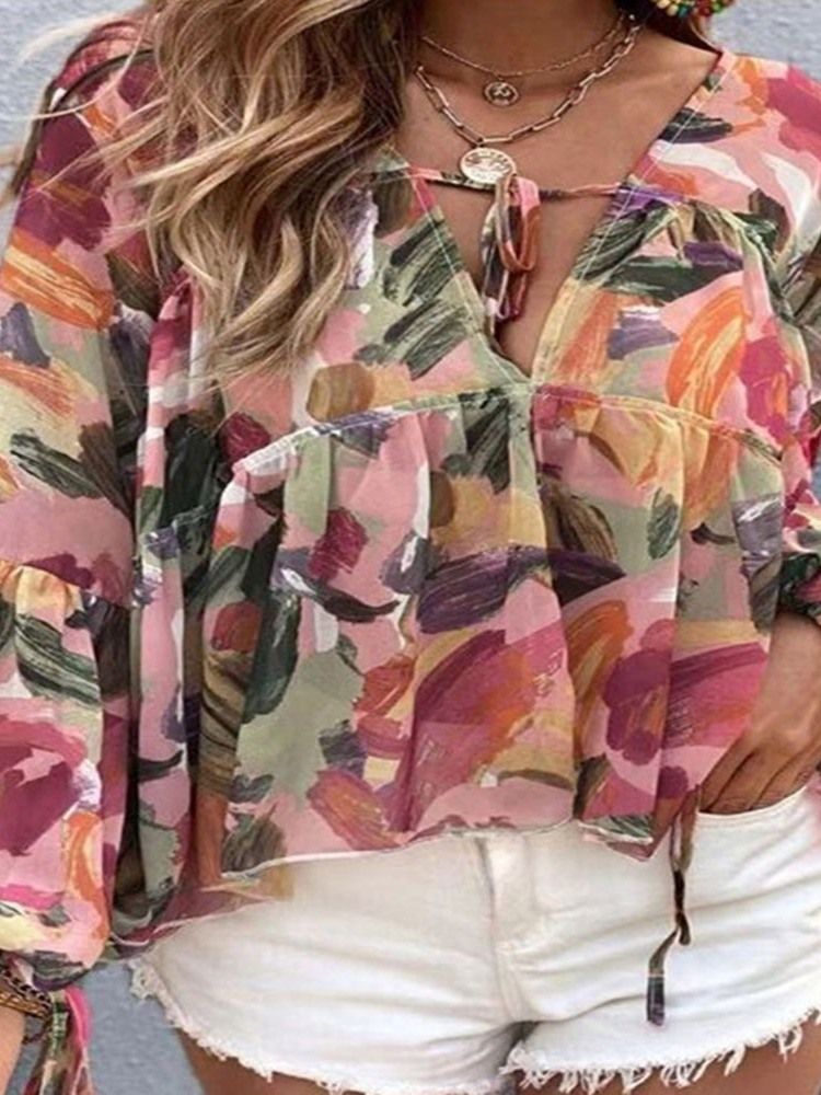 Lantern Sleeve V-Hals Kvinners Floral Langermet Standard Bluse