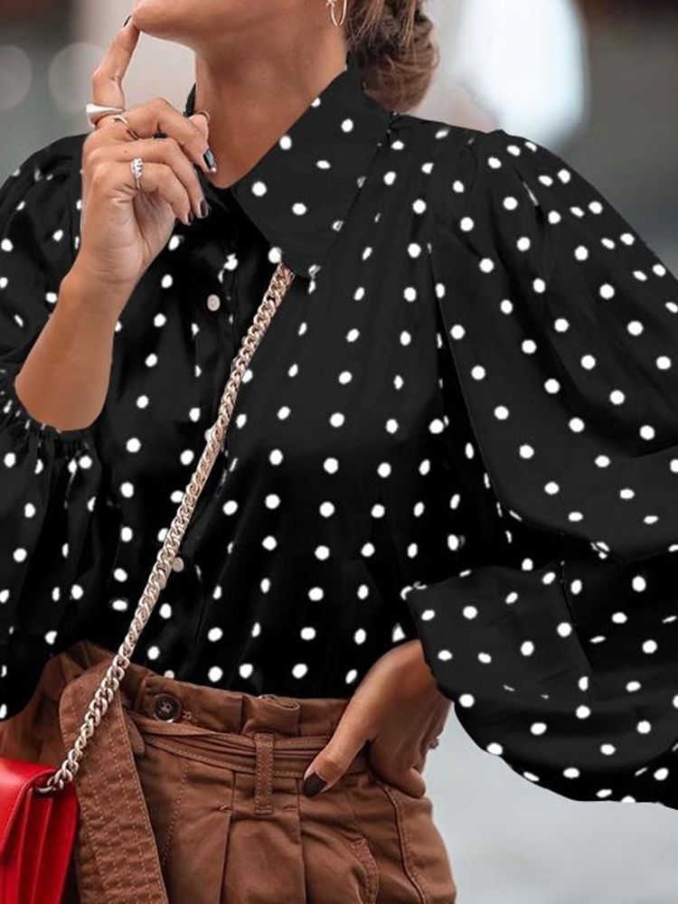 Lapel Polka Dots Knapp Mellomlang Langermet Bluse