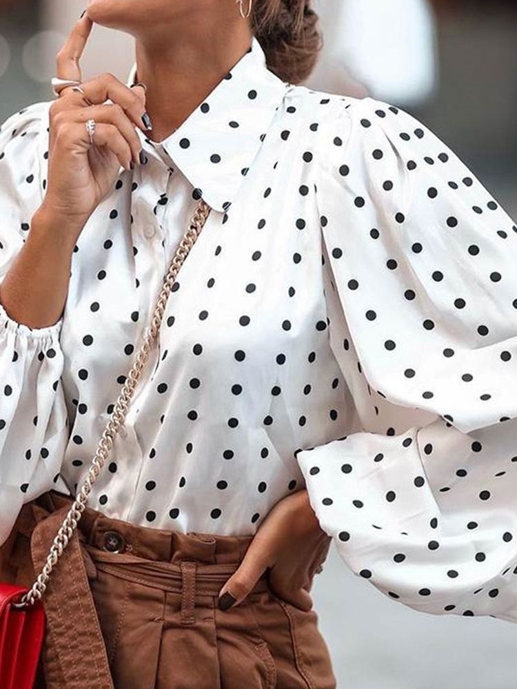 Lapel Polka Dots Knapp Mellomlang Langermet Bluse