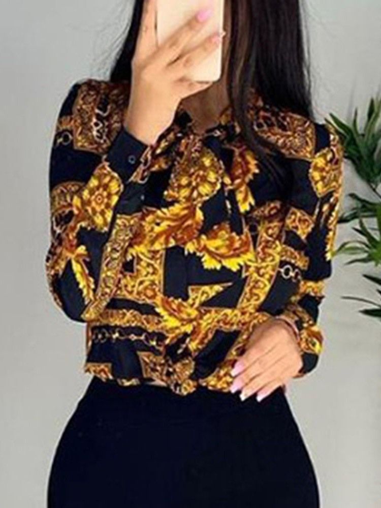 Lapel Regular Print Langermet Standard Bluse