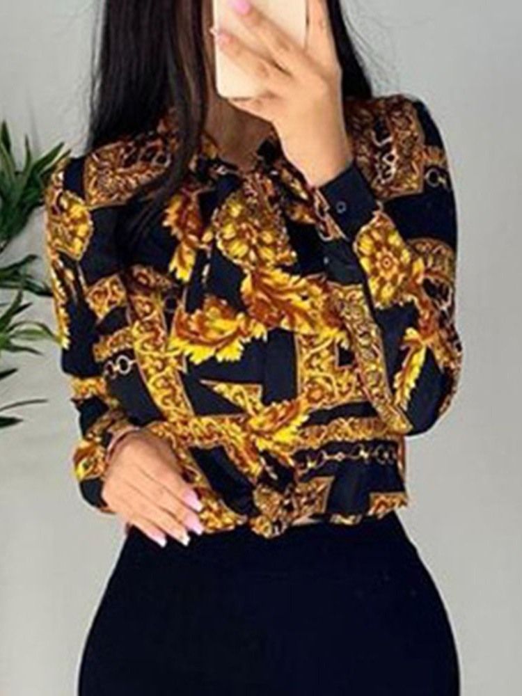 Lapel Regular Print Langermet Standard Bluse