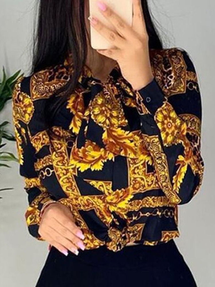 Lapel Regular Print Langermet Standard Bluse