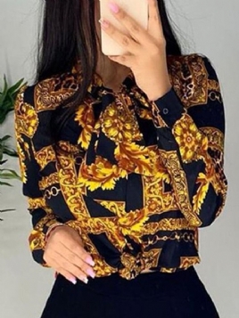 Lapel Regular Print Langermet Standard Bluse