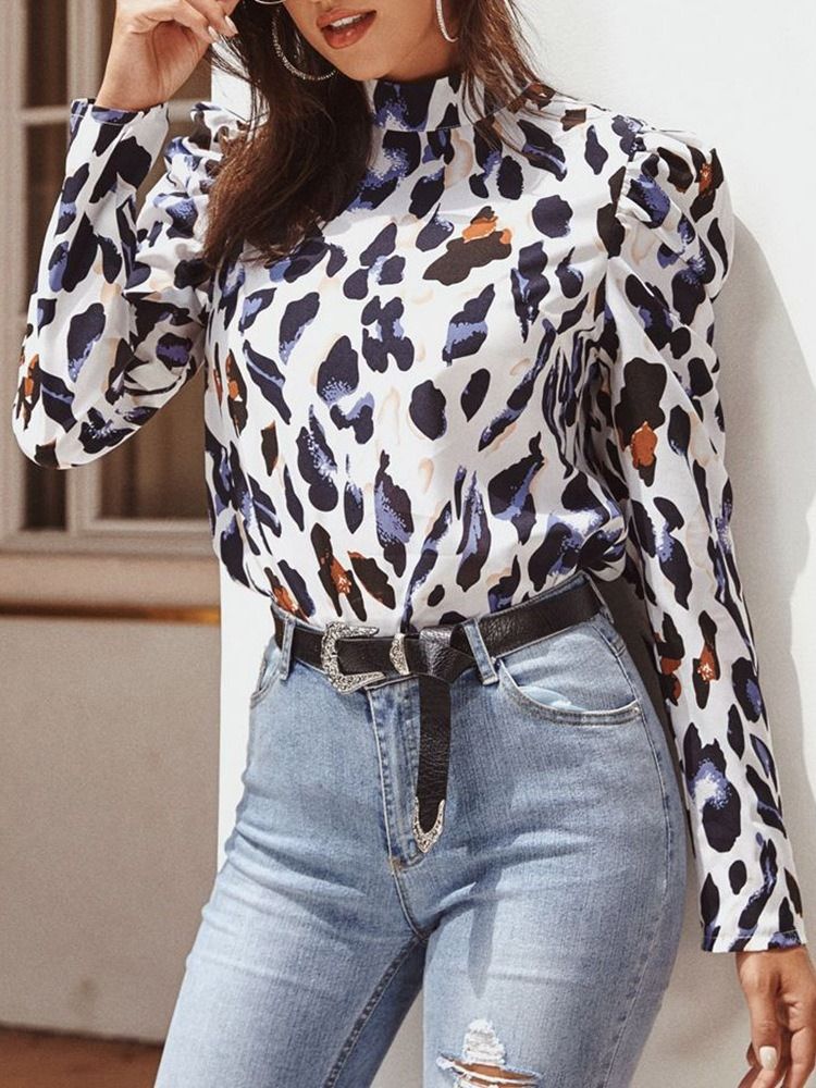 Leopard Regular Stand Collar Standard Langermet Damebluse