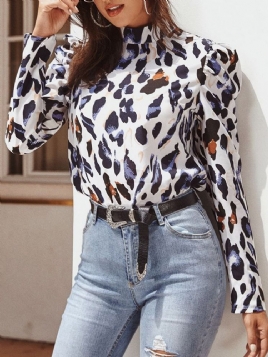 Leopard Regular Stand Collar Standard Langermet Damebluse