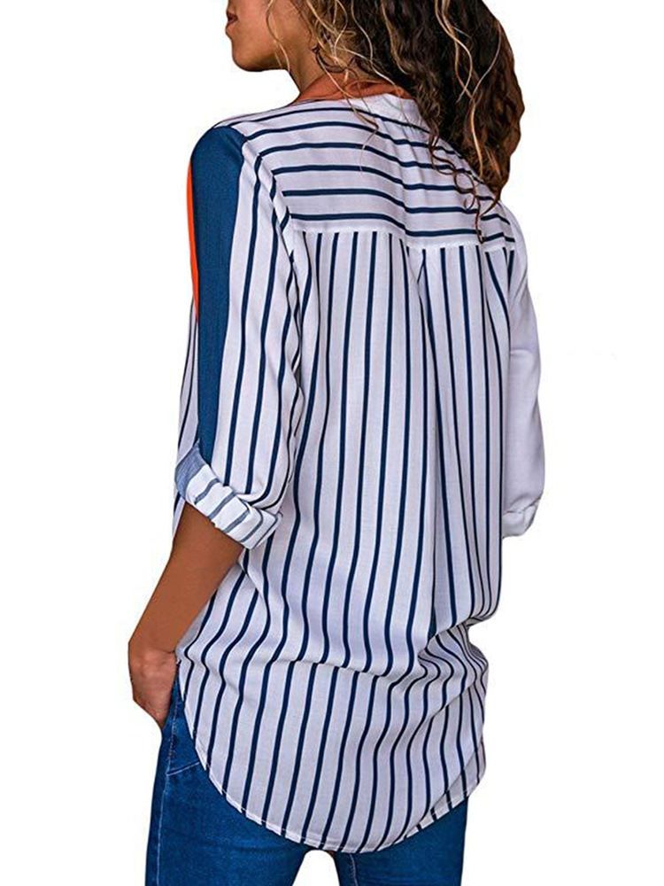 Loose Stripe Color Block Single-Breasted Langermet Bluse