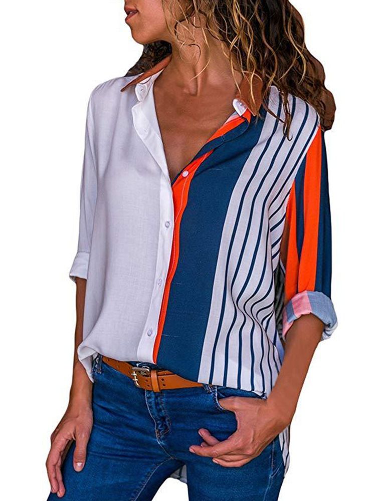 Loose Stripe Color Block Single-Breasted Langermet Bluse