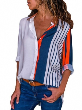 Loose Stripe Color Block Single-Breasted Langermet Bluse