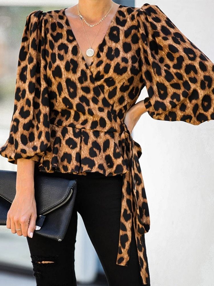 Lyktermet V-Hals Leopard Trekvartsermet Standard Bluse