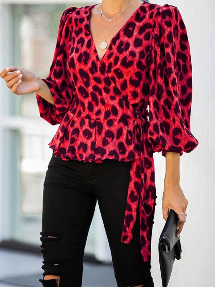 Lyktermet V-Hals Leopard Trekvartsermet Standard Bluse