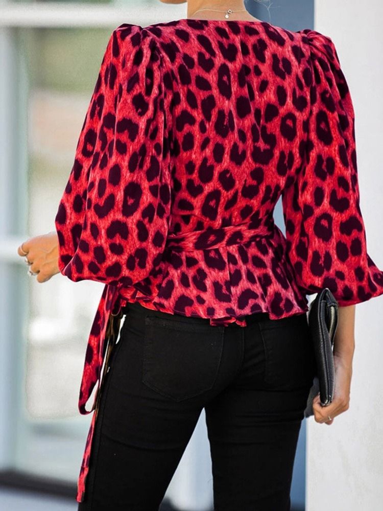 Lyktermet V-Hals Leopard Trekvartsermet Standard Bluse