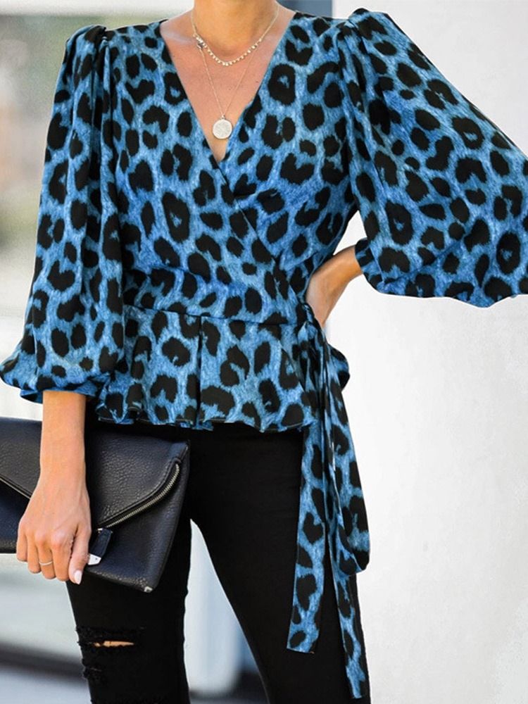 Lyktermet V-Hals Leopard Trekvartsermet Standard Bluse