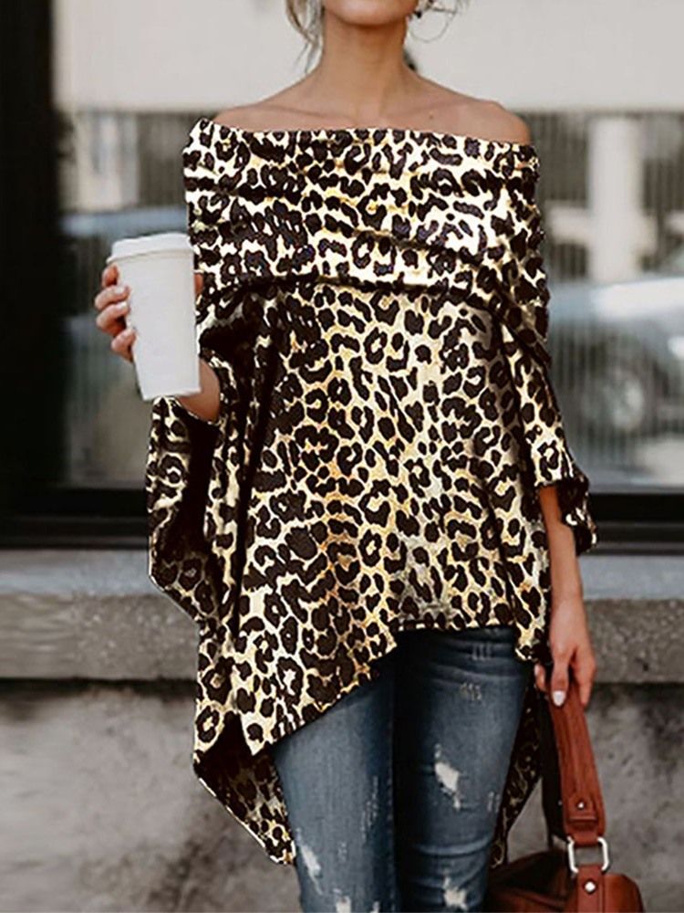 Off Shoulder Asymmetrisk Leopard Slim Bluse