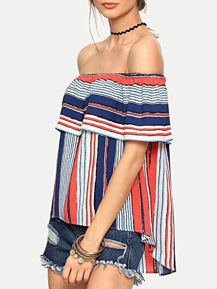 Off Shoulder Color Block Ruffle Sleeve Kortermet Dame Standard Bluse