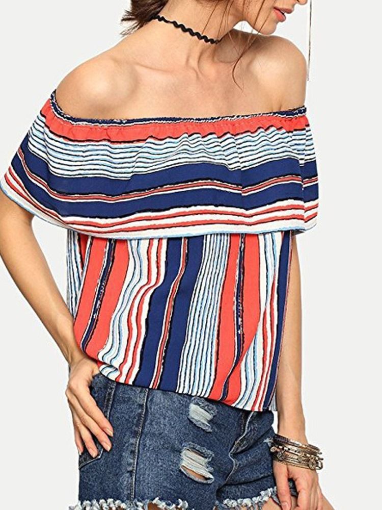 Off Shoulder Color Block Ruffle Sleeve Kortermet Dame Standard Bluse