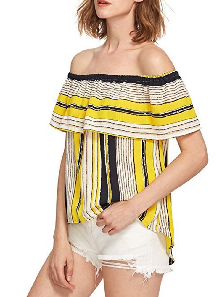 Off Shoulder Color Block Ruffle Sleeve Kortermet Dame Standard Bluse