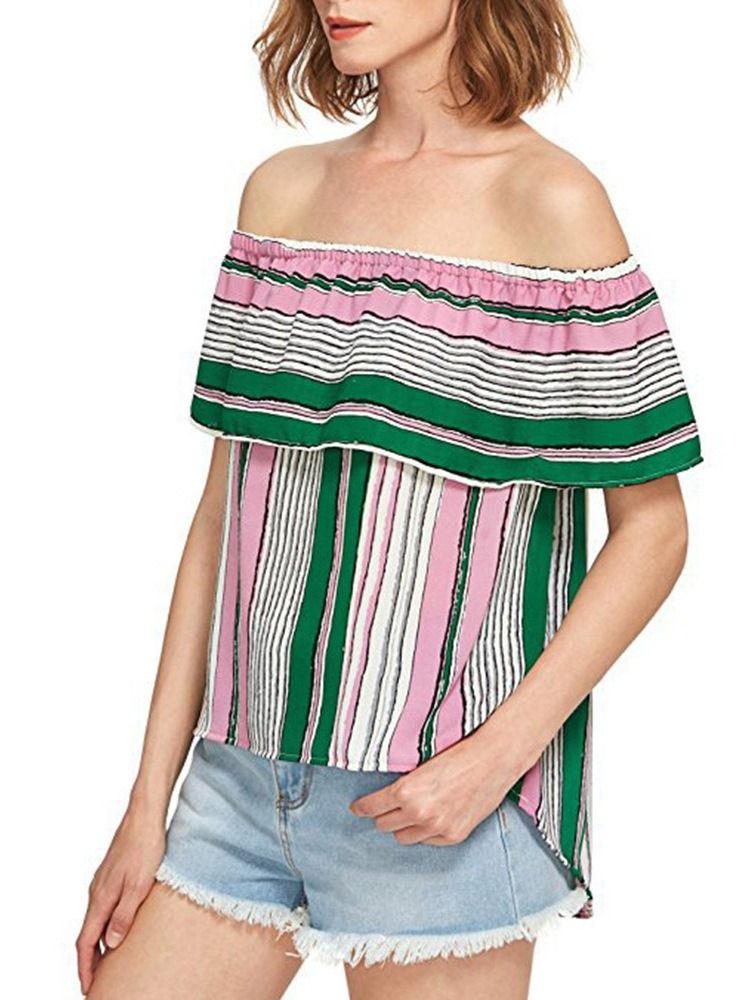 Off Shoulder Color Block Ruffle Sleeve Kortermet Dame Standard Bluse