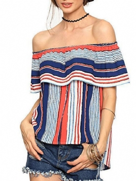 Off Shoulder Color Block Ruffle Sleeve Kortermet Dame Standard Bluse