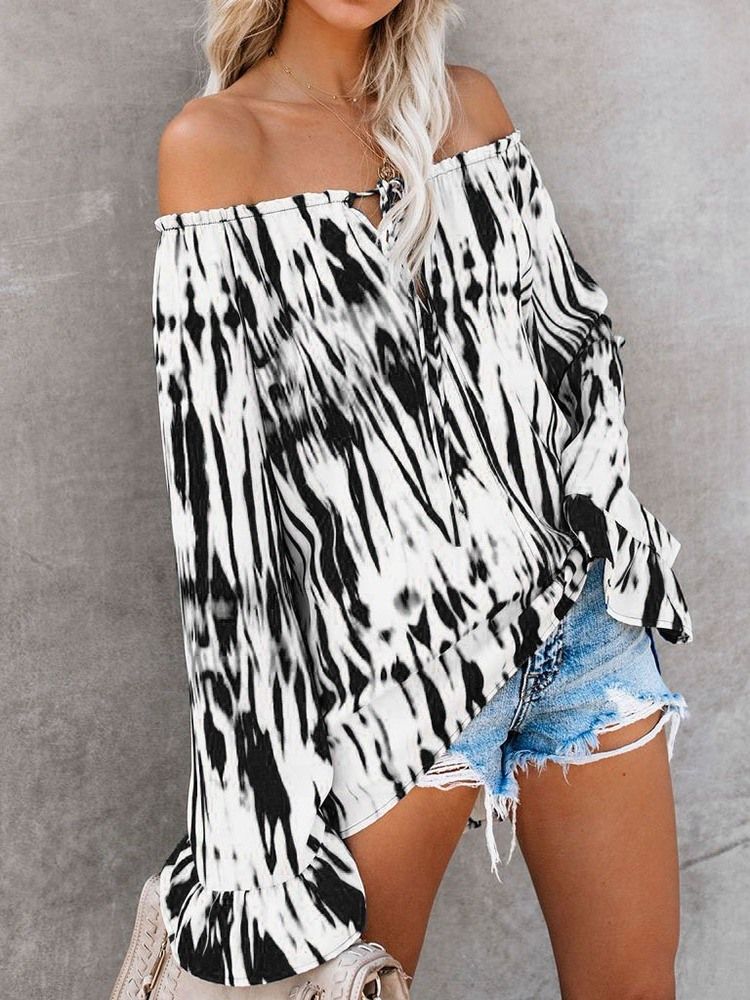 Off Shoulder Flare Sleeve Color Block Bluse