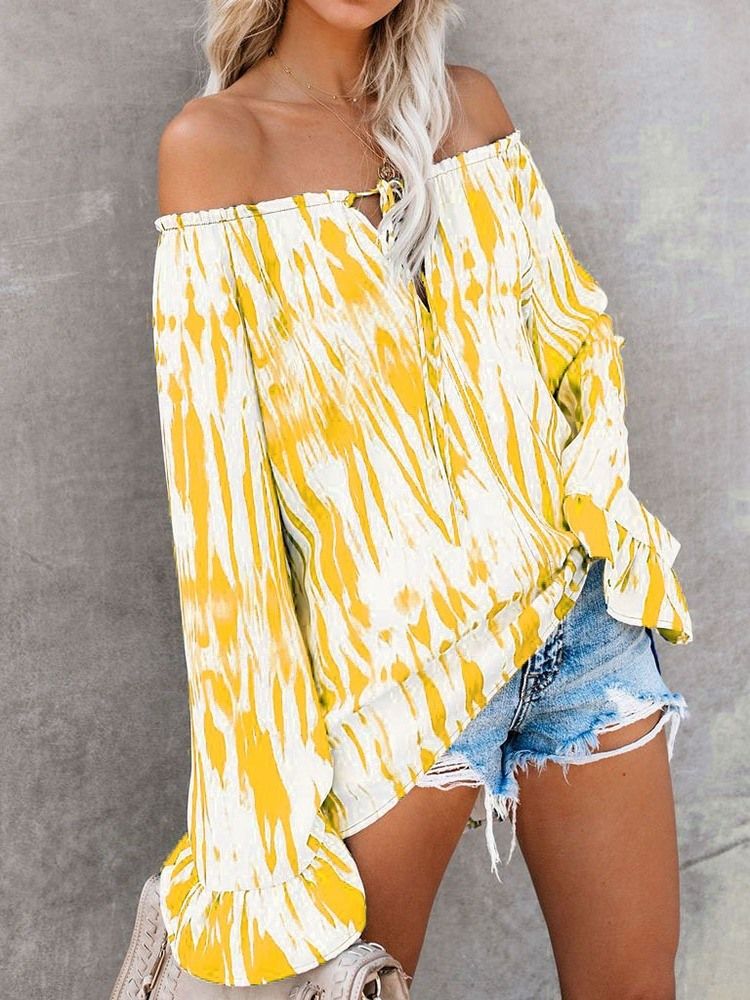 Off Shoulder Flare Sleeve Color Block Bluse