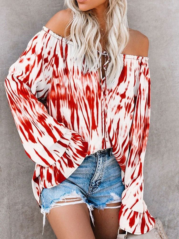 Off Shoulder Flare Sleeve Color Block Bluse