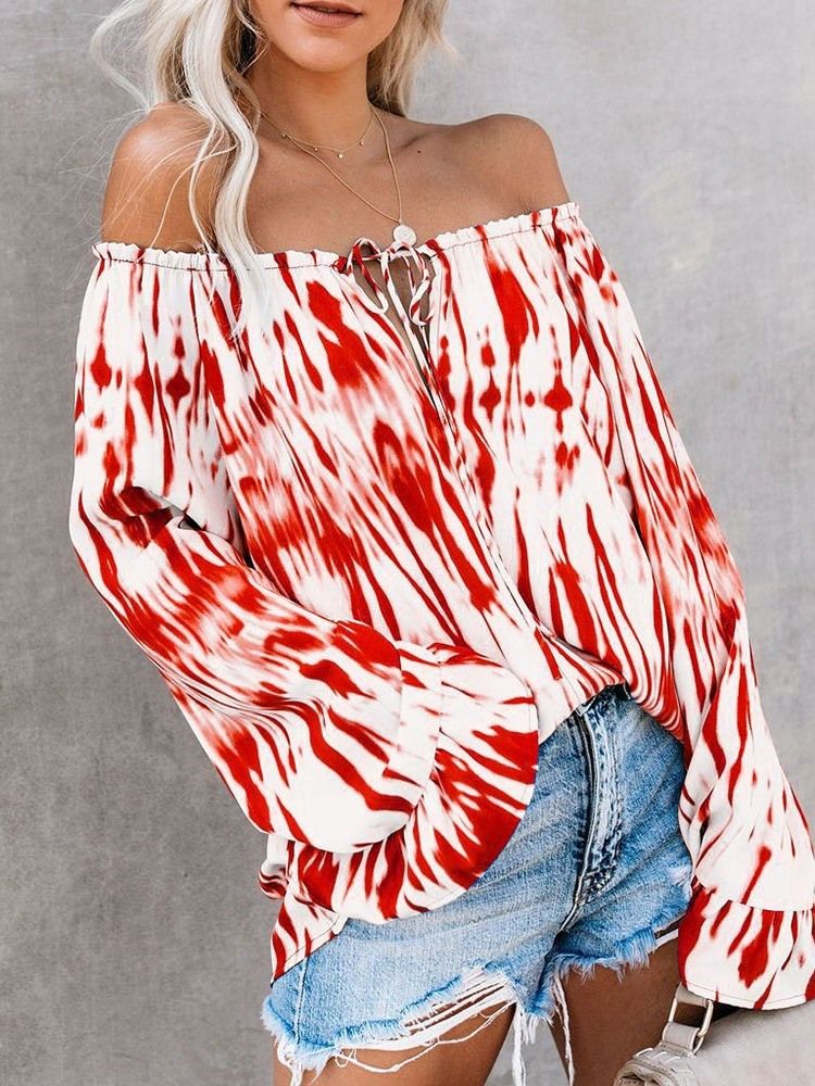 Off Shoulder Flare Sleeve Color Block Bluse