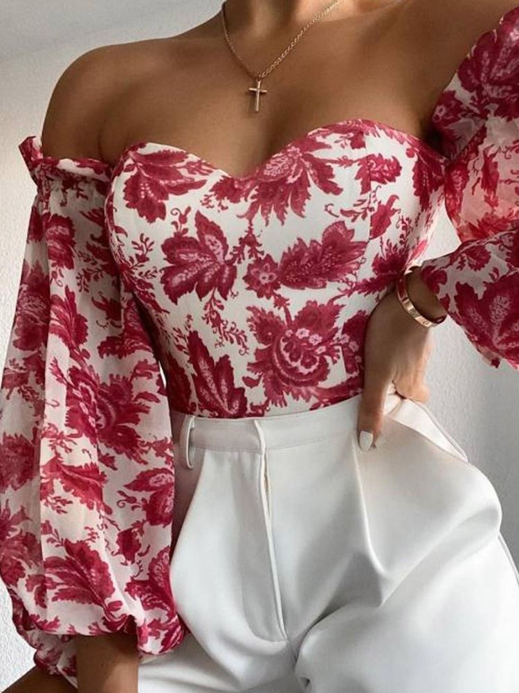 Off Shoulder Lantern Sleeve Floral Langermet Short Bluse for kvinner