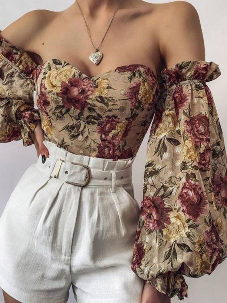 Off Shoulder Lantern Sleeve Floral Langermet Short Bluse for kvinner