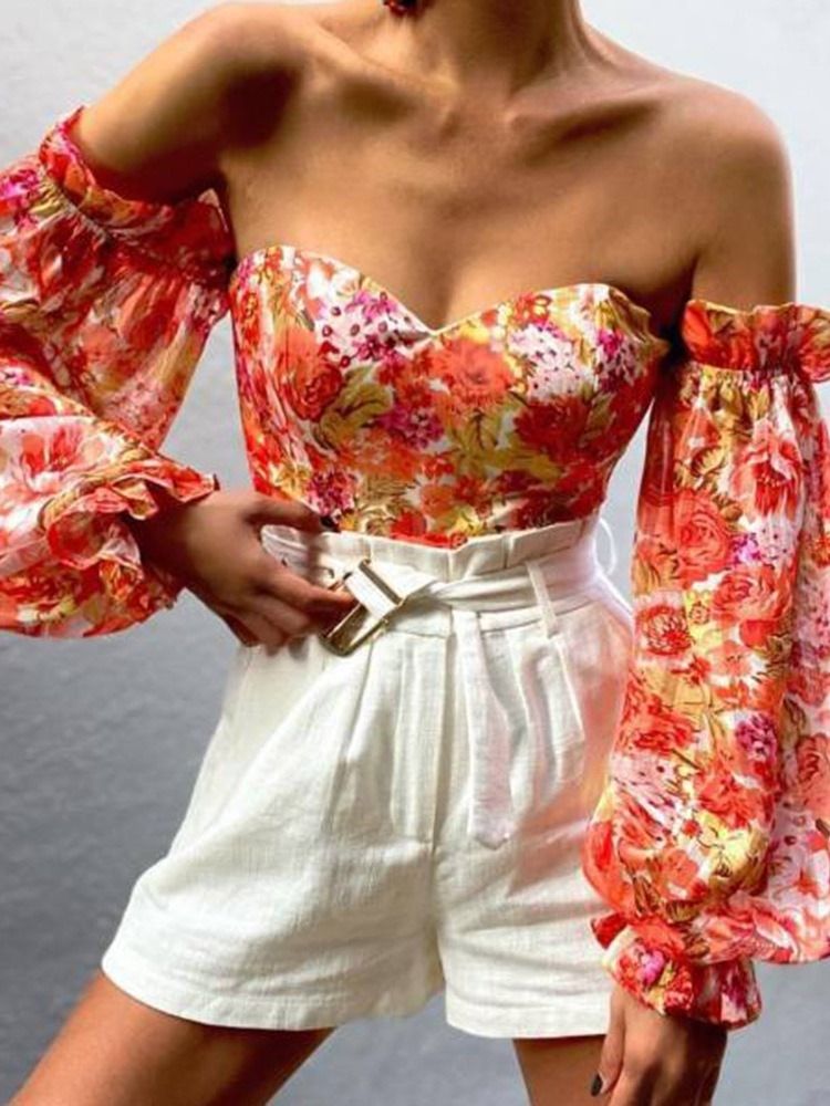 Off Shoulder Lantern Sleeve Floral Langermet Short Bluse for kvinner