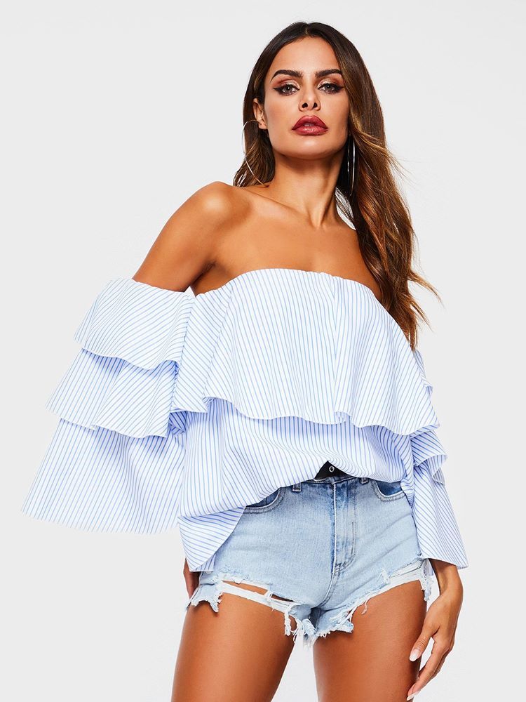 Off Shoulder Stripe Falbala Standard Bluse