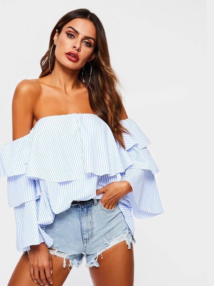 Off Shoulder Stripe Falbala Standard Bluse