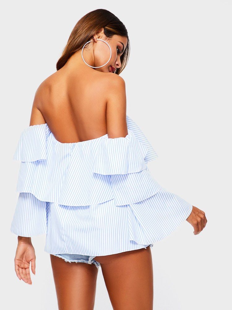 Off Shoulder Stripe Falbala Standard Bluse