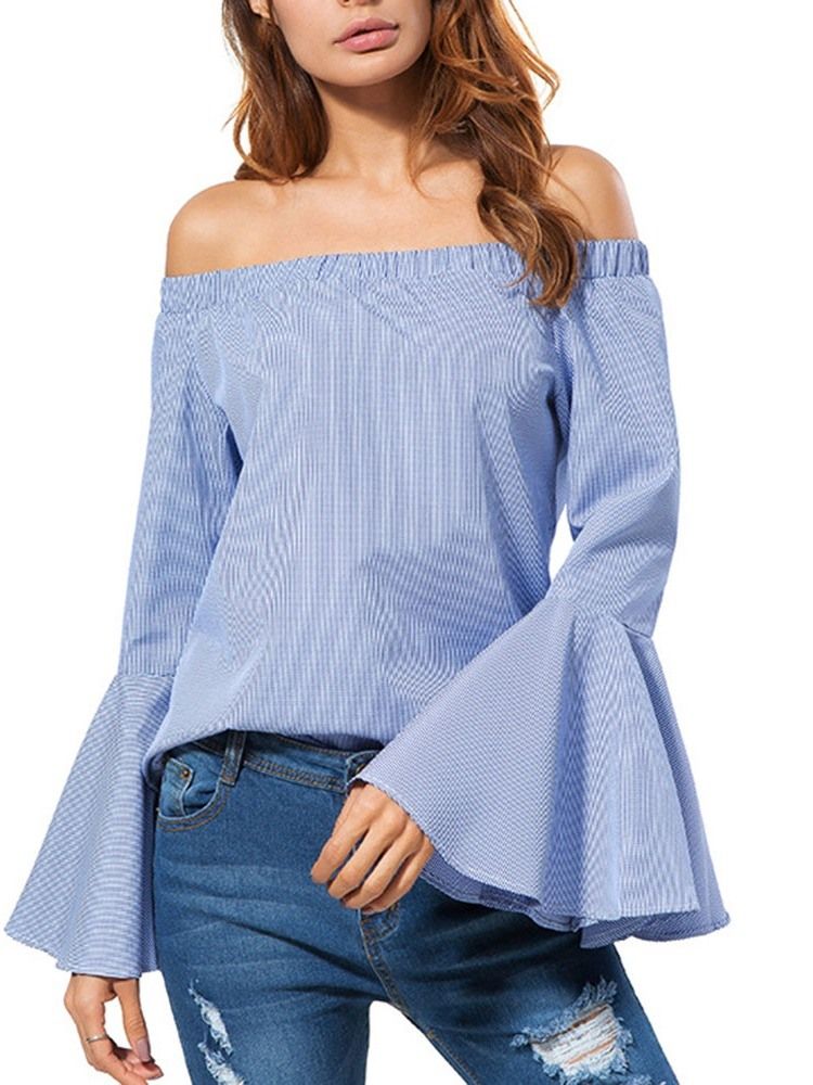 Patchwork Stripe Flare Sleeve Standard Langermet Bluse