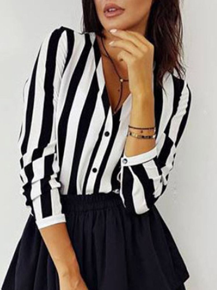 Patchwork Stripe Vanlig Standard Langermet Damebluse