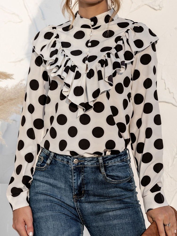 Polka Dots Button Vanlig Standard Langermet Damebluse