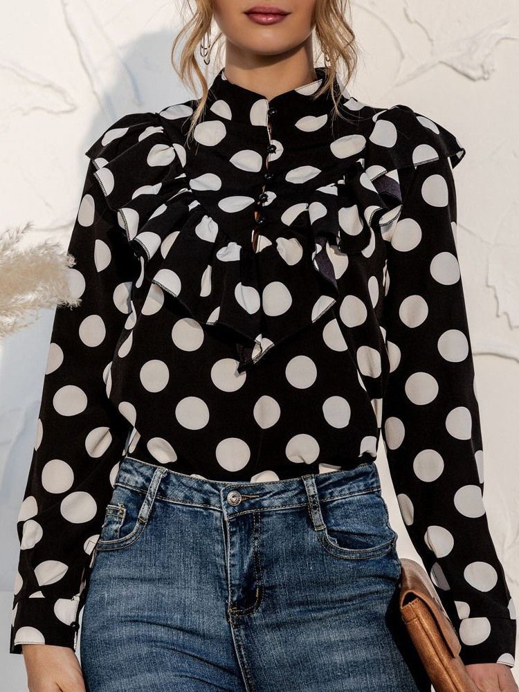 Polka Dots Button Vanlig Standard Langermet Damebluse