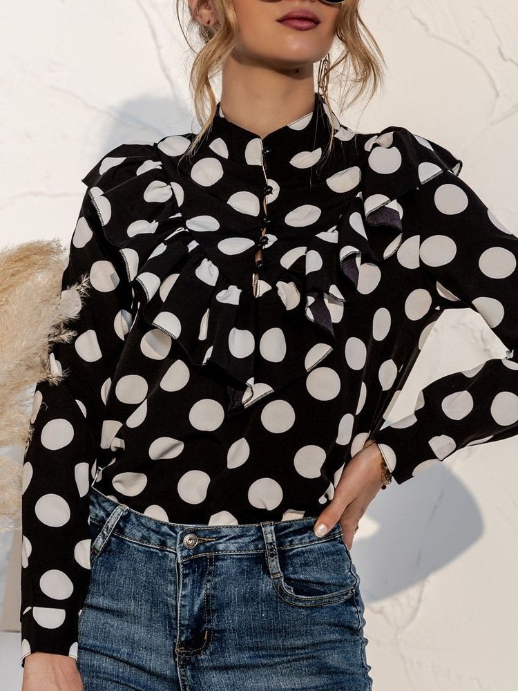 Polka Dots Button Vanlig Standard Langermet Damebluse