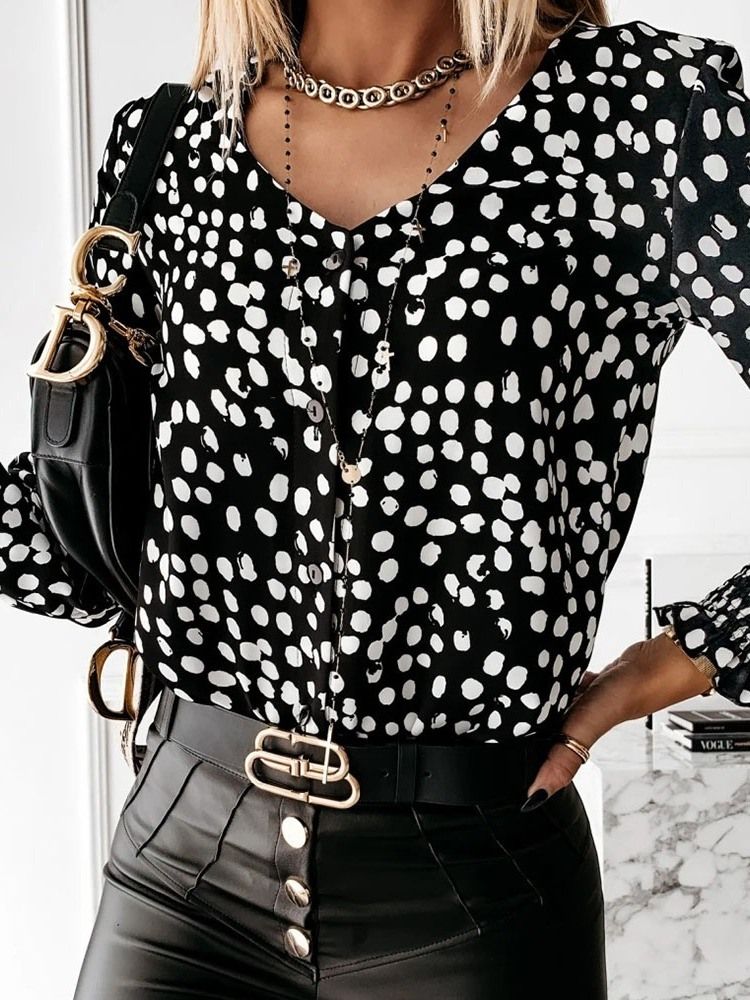 Polka Dots Patchwork V-Hals Langermet Standard Kvinners Bluse